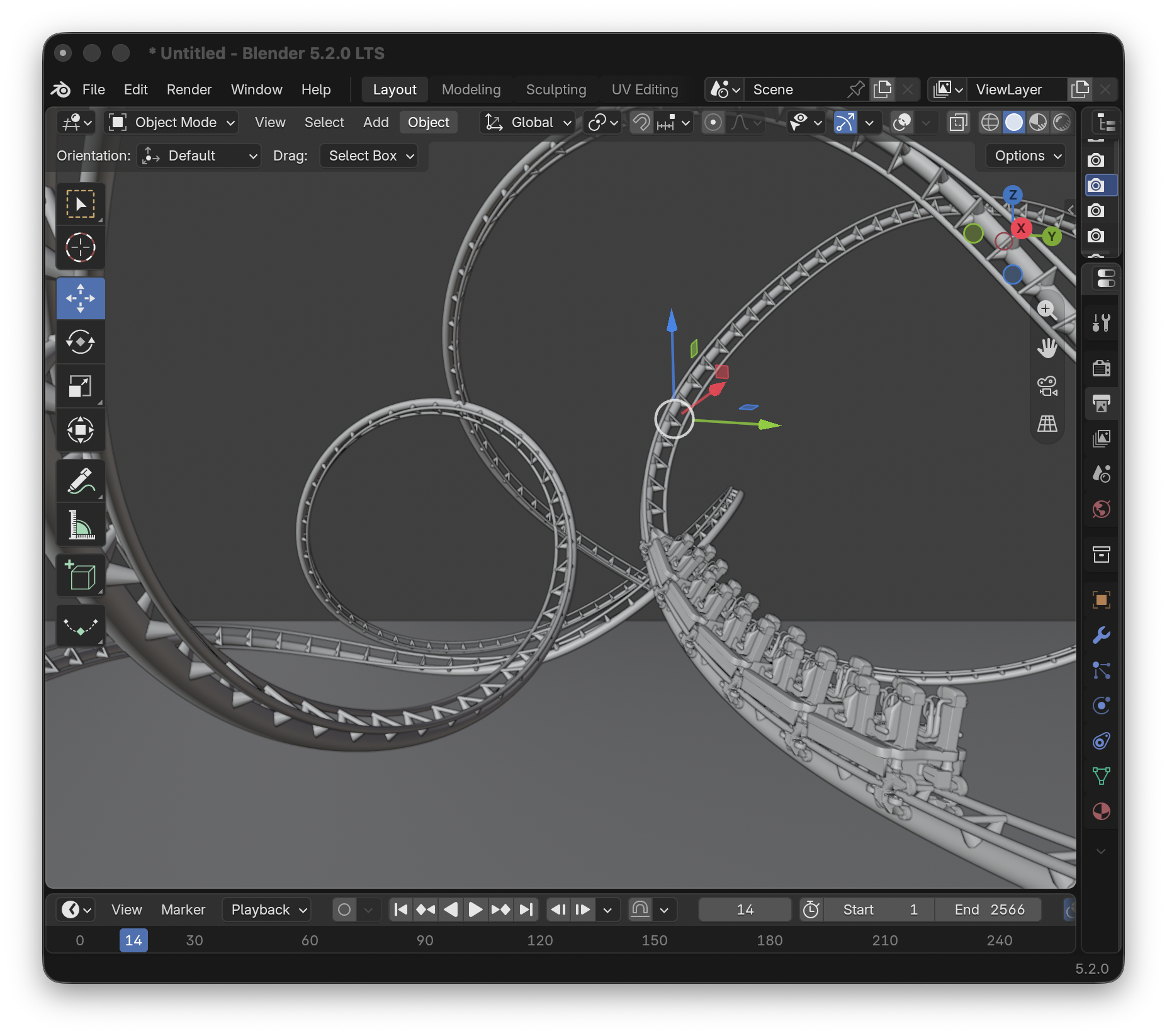 the exported ride opened in Blender, track geometry and the train on it