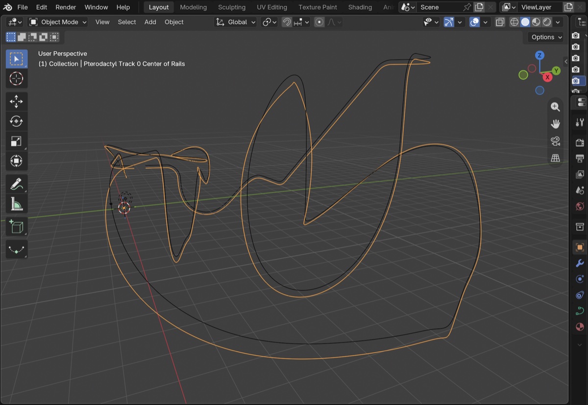 a NoLimits 2 track imported into Blender, center of rails and editor spline as two curves